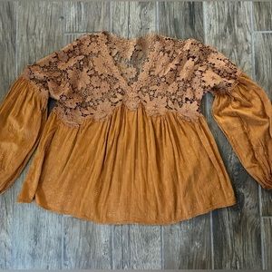 Free People Lina Lace Bronze Gold Crochet Embroidered Floral Top, size Medium
